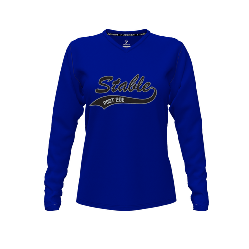 [CUS-DFW-TEES-PER-VNK-LSL-RYL-FYXS-LOGO1] Decker Performance T-Shirt (Female Youth XS, Royal, V Neck, Logo 1, Long Sleeve)